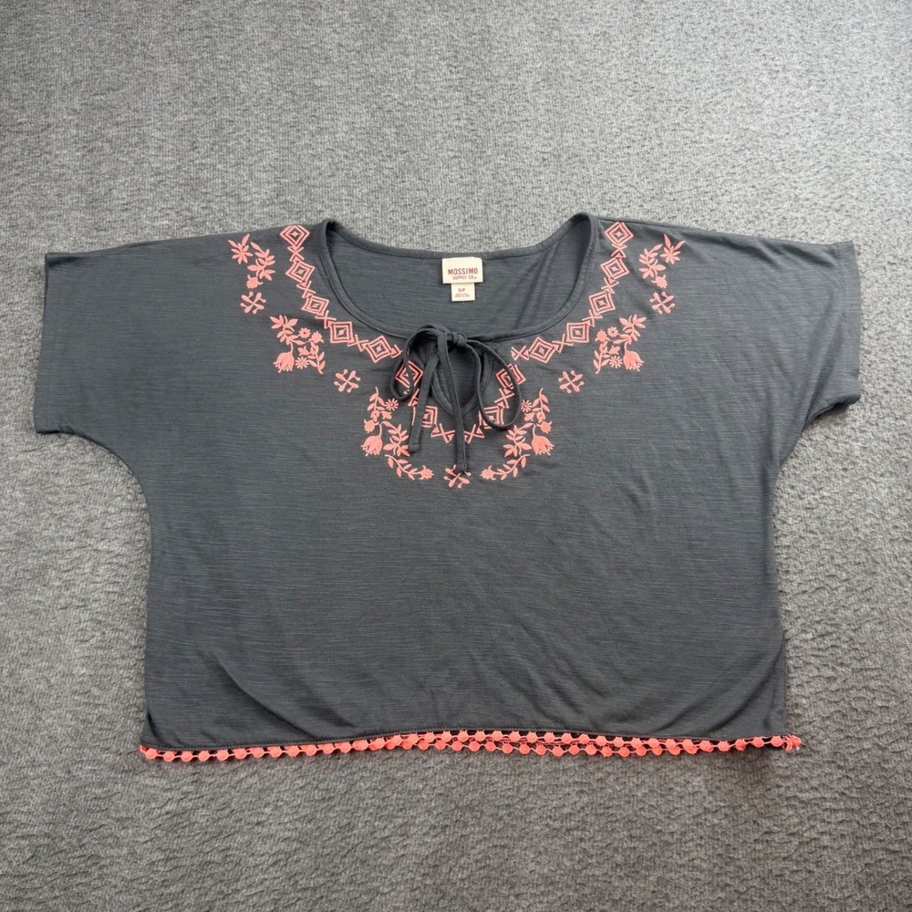 Mossimo Supply Co Top Women Small Gray Coral Embroidered Pom Pom Trim Boho Shirt